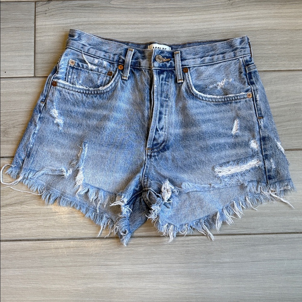 AGOLDE Acid Wash Distressed Denim Shorts - Light Blue